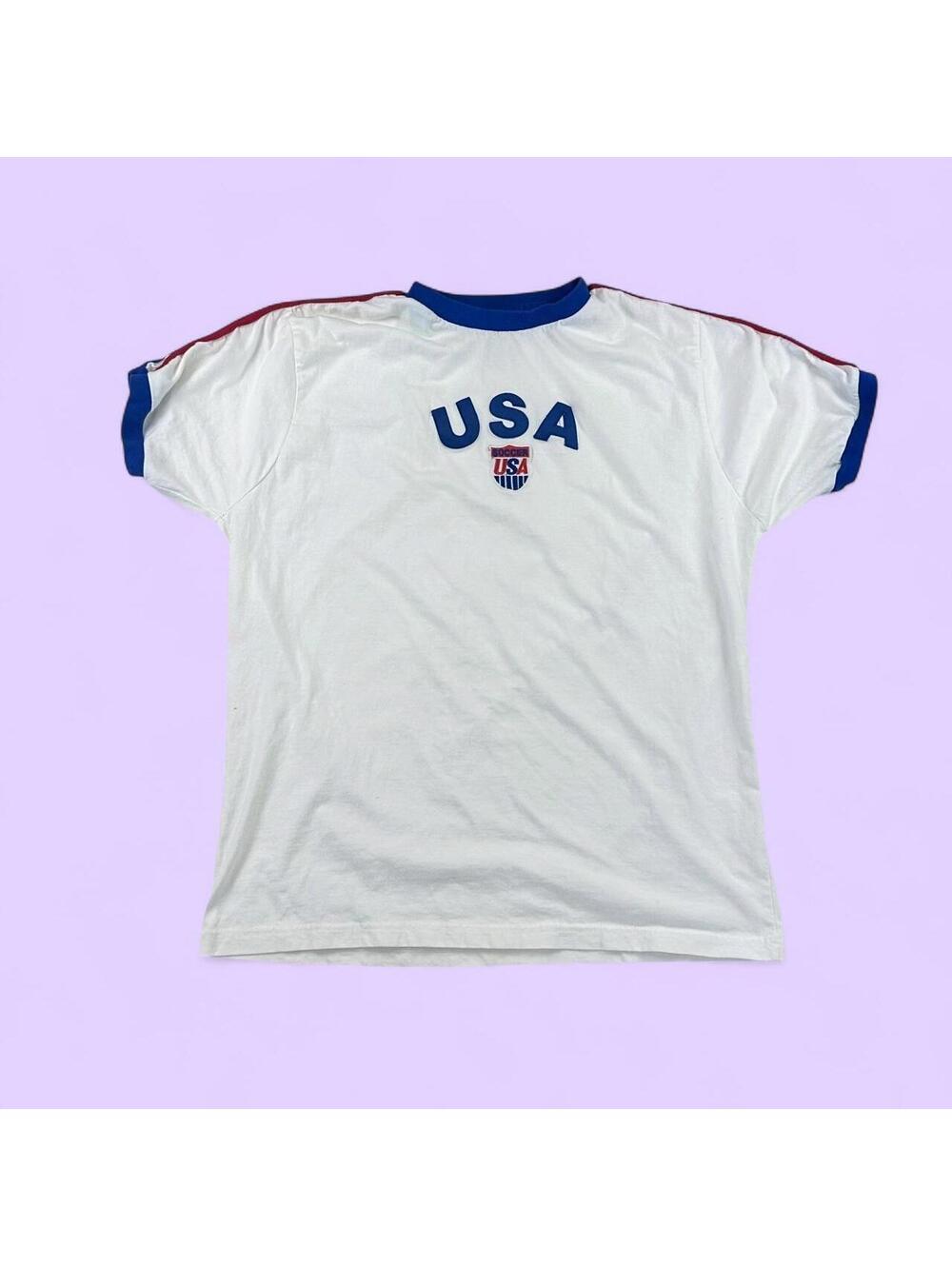 Pacific & Co Vintage USA Soccer White Ringer Tee with Blue and Red Trim - 2XL